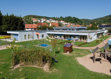 Blick auf den Kindergarten Trusetal mit Außengelände und Spielplatz