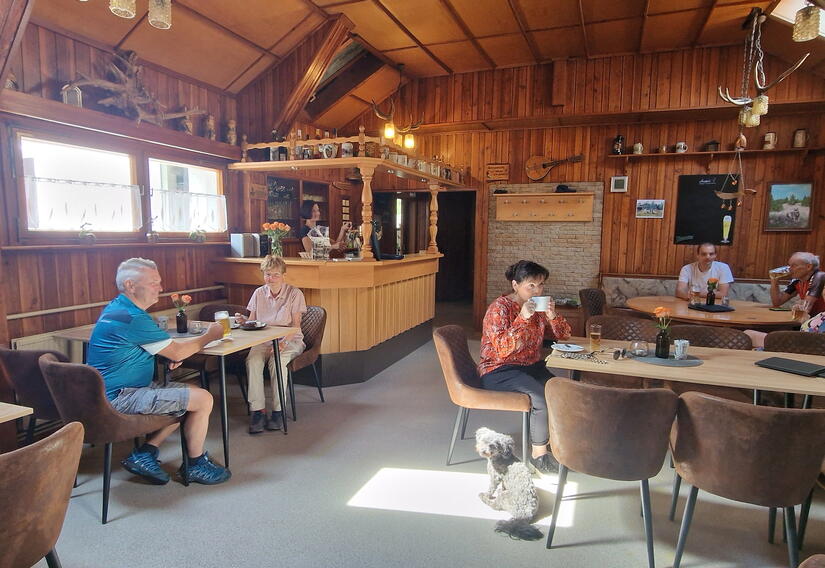 Gastraum mit Sitzgelegenheiten und Theke