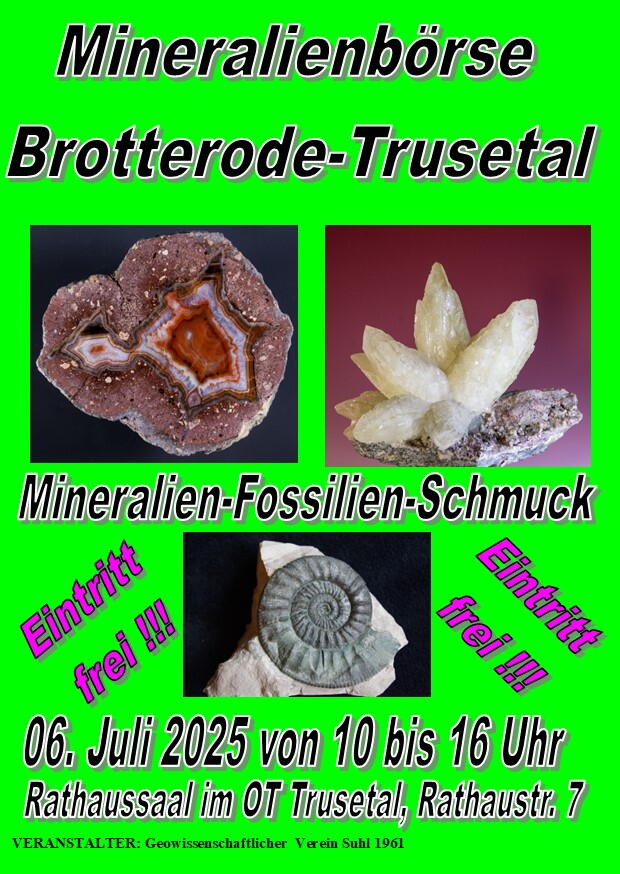 Plakat mit Mineralien und Fossilien und Datum und Uhrzeitangaben