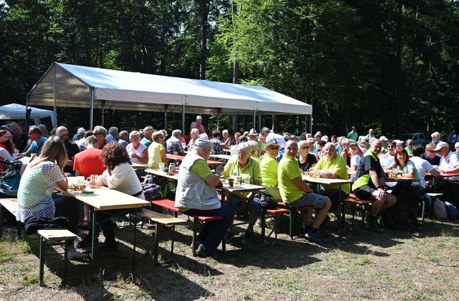 Sitzgelegenheiten im Wald mit vielen Menschen die feiern bei Sonnenschein