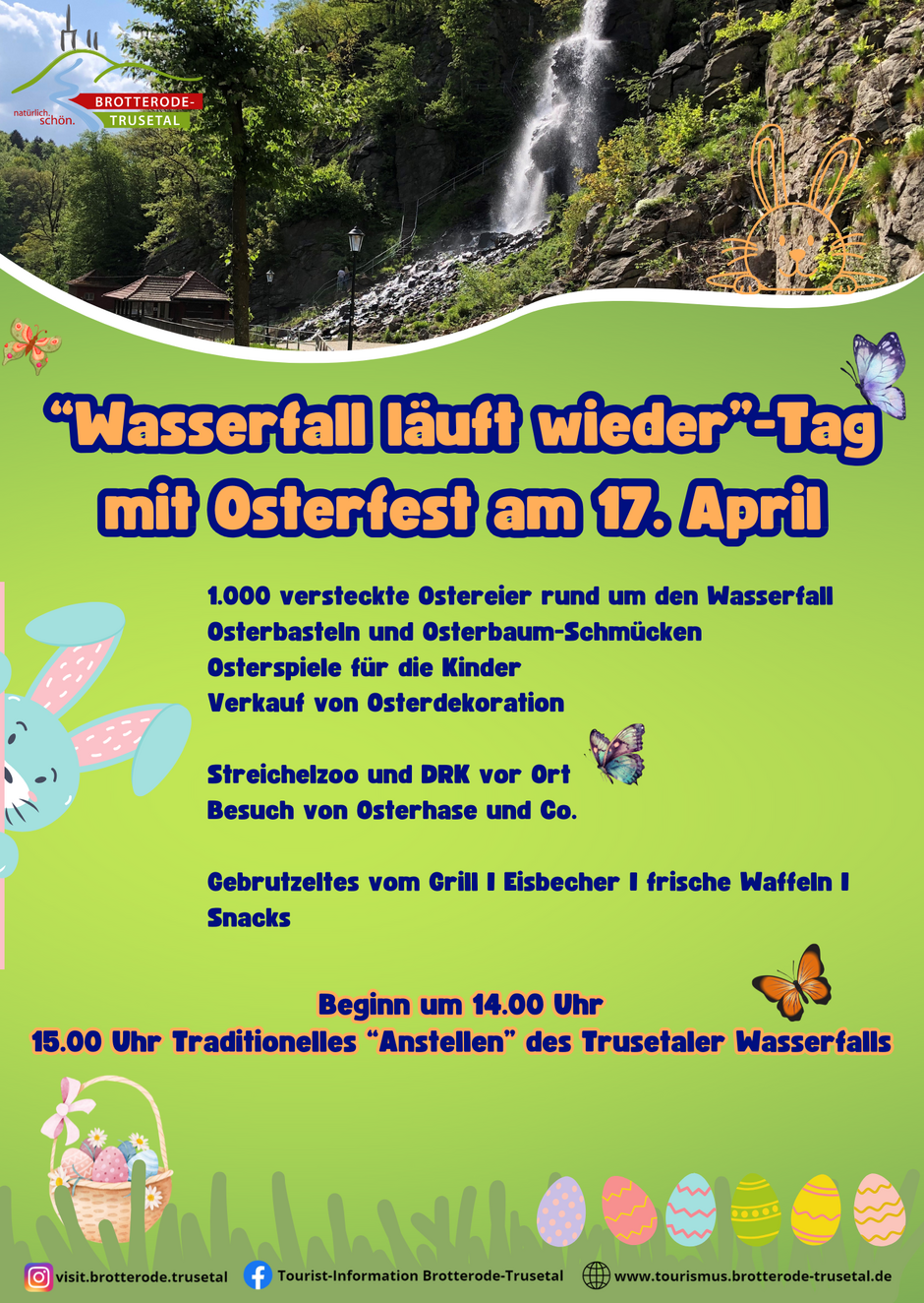 Plakat mit Wasserfall und Text, dass am 17. April um 14 Uhr das Fest beginnt